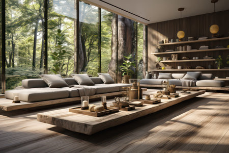 Interior of modern living room with wooden walls, wooden floor, comfortable sofa and coffee table. 3d renderingの素材