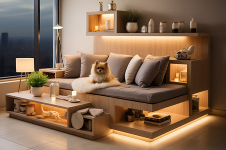 Luxury living room interior with comfortable sofa and pomeranian dogの素材