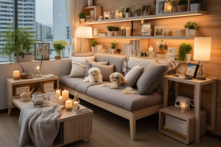 Cozy living room with sofa, lamp and Pomeranian dogの素材