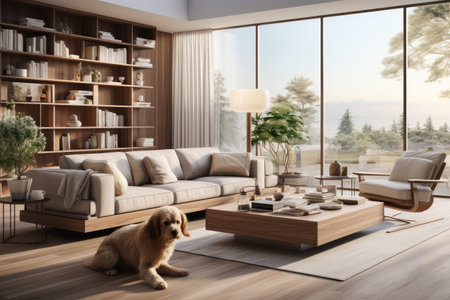 Interior of modern living room with sofa, coffee table and bookshelf. 3d renderの素材