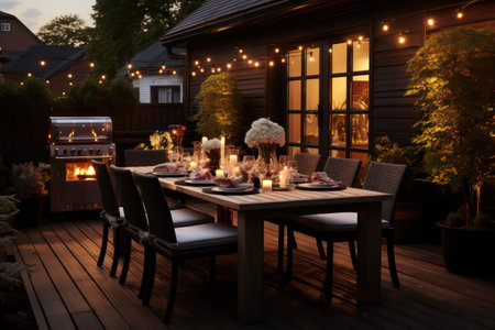 Outdoor dining table setting with candles and crockery on terraceの素材