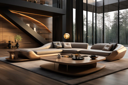 Interior of modern living room with wooden walls, wooden floor, brown sofa with cushions and coffee table. 3d renderingの素材