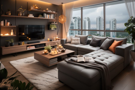 Living room interior with sofa, coffee table and bookshelf in modern apartmentの素材