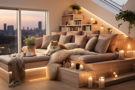 Siberian Husky dog on bed in living room at homeの素材