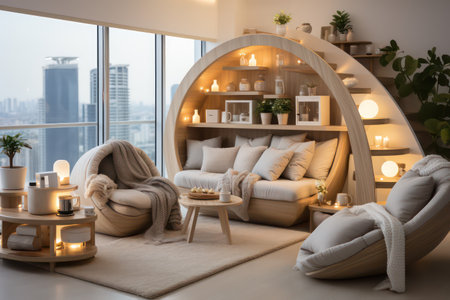 Cozy living room interior with armchairs, coffee table and bookshelfの素材