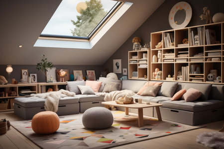 Interior of children's room in the attic. 3d renderingの素材