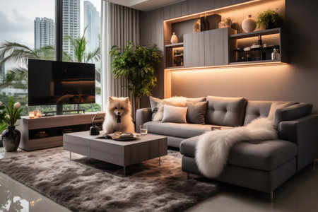 Interior of modern living room with sofa, sofa and TV setの素材