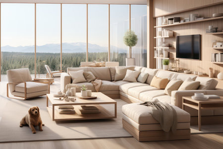 Interior of modern living room with panoramic window. 3d renderingの素材