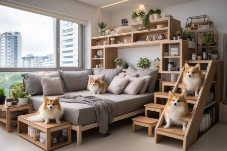 Cute Pembroke Welsh corgi dogs in living roomの素材
