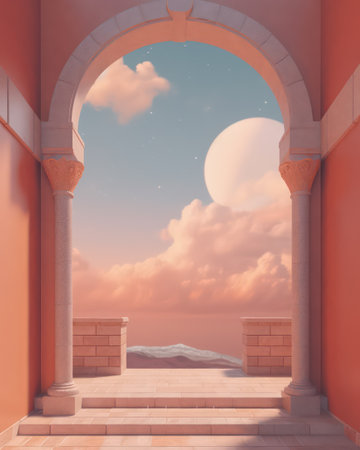 3D render of an open door leading to the sea at sunsetの素材