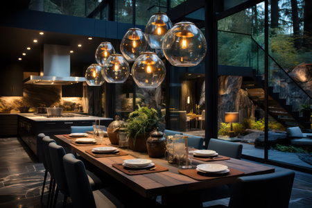 Interior of a modern restaurant with wooden tables, chairs and decorative lampsの素材