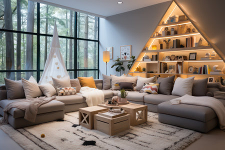 interior of modern living room with comfortable sofa and bookshelfの素材