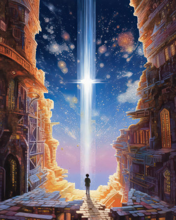 Fantasy illustration of a man in front of the cross in the skyの素材