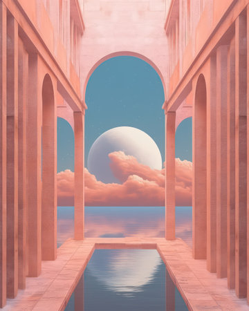 3d render of an archway leading to the sea at sunsetの素材