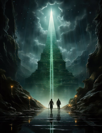 Conceptual image of man and woman standing in a dark caveの素材