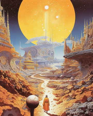 Fantasy landscape with temple and monk on the background of the moonの素材