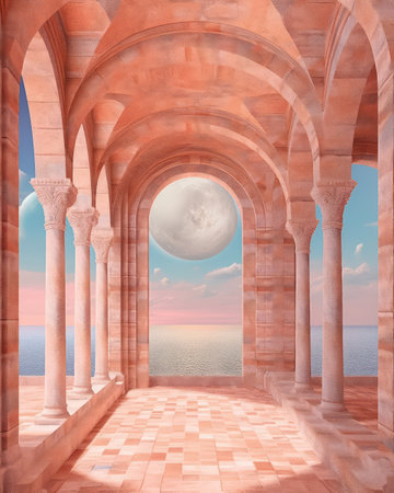 3d render of an archway leading to the sea and skyの素材