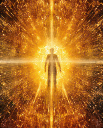 Man walking in the rays of light on a grunge background.の素材