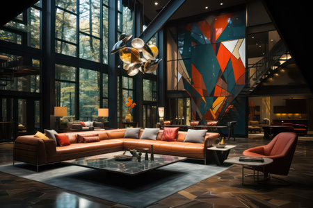 Interior of modern living room with orange sofa and glass wall.の素材