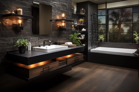 Interior of modern bathroom with black tile walls and wooden floor. 3d renderの素材