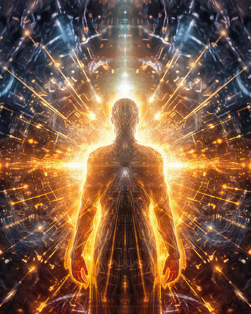 3D rendering of a human body with light rays in the backgroundの素材