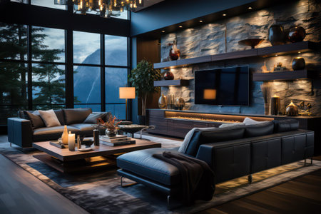 Interior of modern living room with fireplace, sofa and armchairsの素材