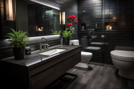 interior of modern bathroom with black and white tiled walls and floorの素材