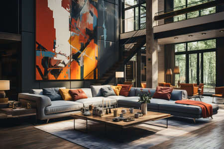 Interior of modern living room with furniture, carpet and coffee table. Toned imageの素材