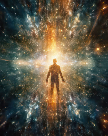 Man in the space. 3D rendering of a man in space.の素材