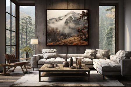 Interior of modern living room with mountain view, sofa and coffee table. 3d renderの素材