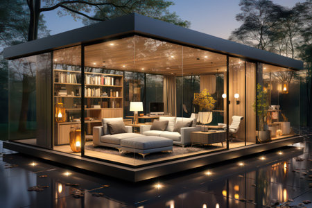 3d rendering of a modern living room with a garden view.の素材