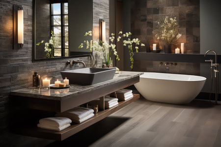 Luxury bathroom interior with bathtub and towels. 3d renderingの素材