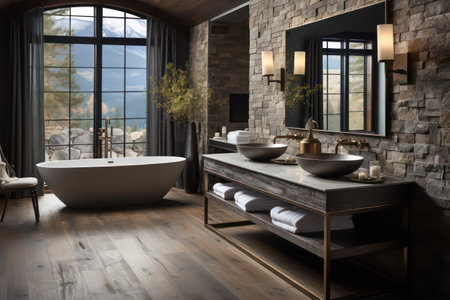 Interior of modern bathroom with stone walls, wooden floor and comfortable bathtub. 3d renderの素材