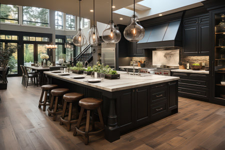 Interior of a modern kitchen with dark wood and black furniture.の素材