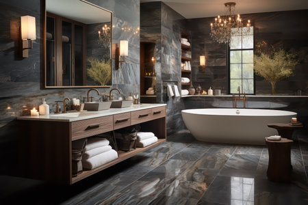 3d rendering luxury bathroom with black marble walls and floor, luxurious bathtub and mirrorの素材