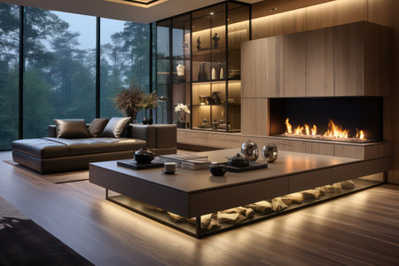 3d rendering of modern living room with fireplace and sofasの素材