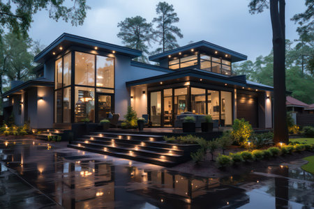Beautiful modern black and white house in the garden at night.の素材