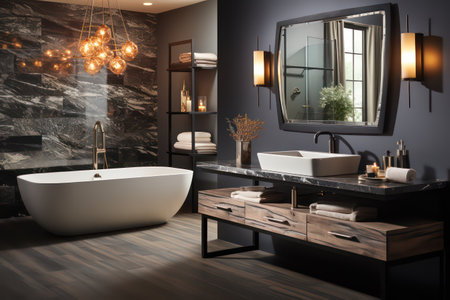 Modern bathroom interior with dark gray walls, wooden floor, comfortable white bathtub and round mirror. 3d renderingの素材