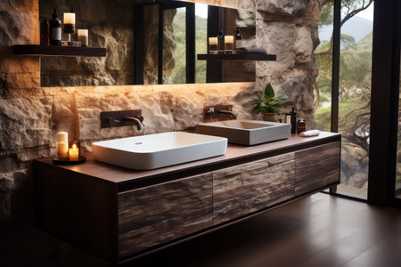Bathroom interior with modern bathtub and wooden countertop.の素材
