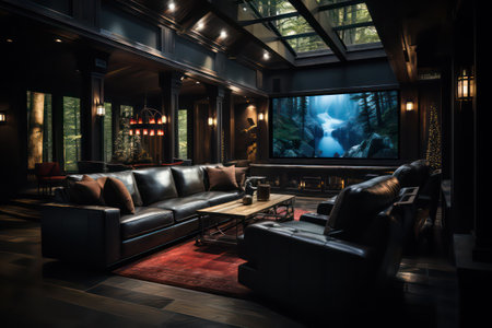 Luxury living room with leather sofa and coffee table in nightの素材
