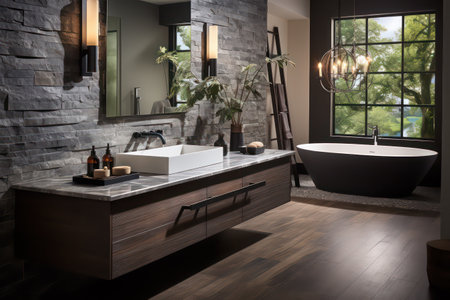 Bathroom interior with bathtub, mirror and sink. 3d renderingの素材