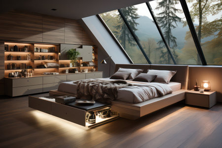 Interior of modern bedroom with wooden floor, panoramic window and mountain viewの素材