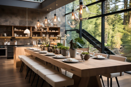 interior of modern luxury restaurant with wooden table, chairs and decorationの素材