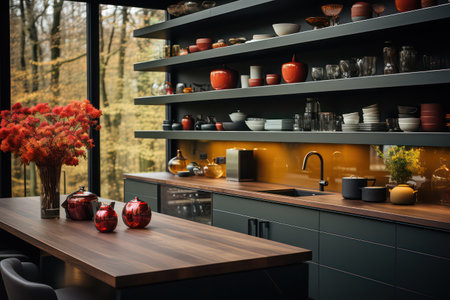 Interior of modern kitchen with black and green walls. 3d renderの素材