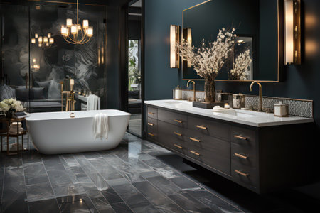 Luxury bathroom interior with black walls, tiled floor, black bathtub and double sink with mirror. 3d renderingの素材