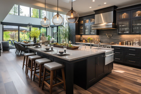 Modern kitchen with black and white furniture and wooden floor. Nobody insideの素材