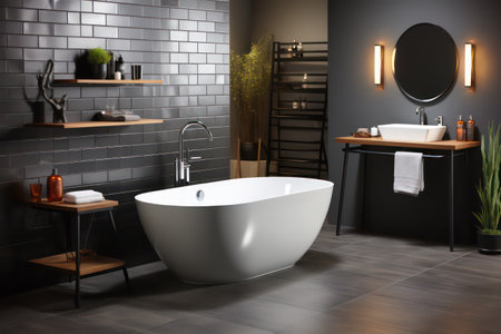 Modern bathroom interior with bathtub and mirror. 3D Renderingの素材