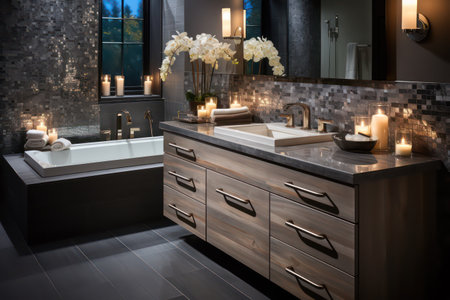 Interior of modern bathroom with black and white tiled walls and wooden floorの素材