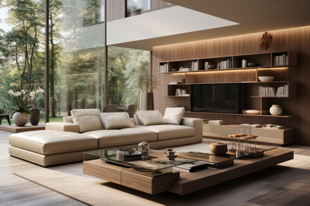 Interior of modern living room with wooden walls, wooden floor, beige sofa and coffee table. 3d renderingの素材