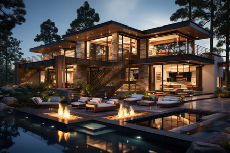 3d rendering of modern cozy house with pool and parking for sale or rent in luxurious style and beautiful landscaping on background. Clear summer night with many stars on the sky.の素材